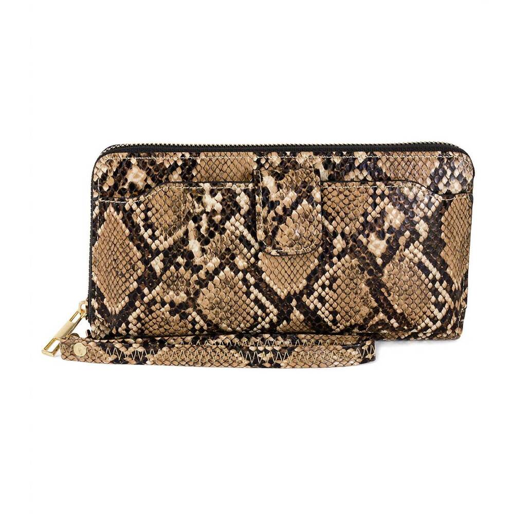 NEW REBECCA & RIFKA women's snake print zip wristlet wallet in dark brown